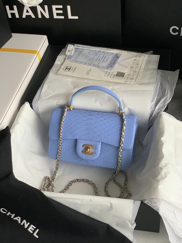CC original python leather mini top handle flap bag AS2431 blue