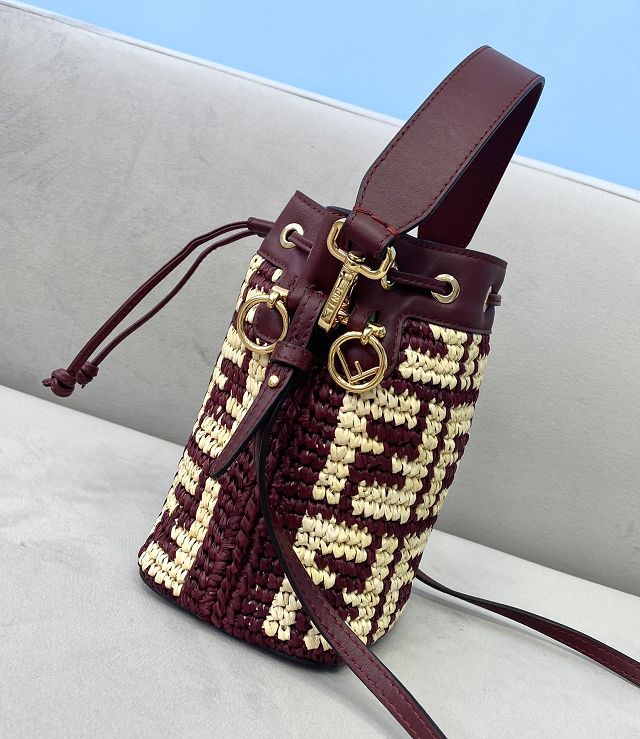 Fendi straw small mon tresor bucket bag 8BS010 burgundy