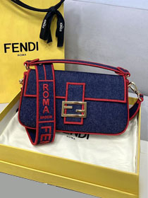 Fendi original denim medium baguette bag 8BR600 dark blue&red