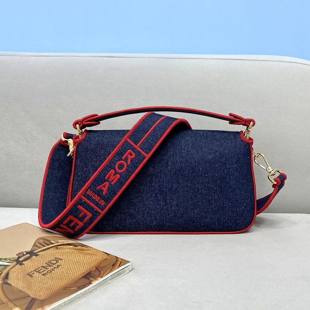 Fendi original denim medium baguette bag 8BR600 dark blue&red