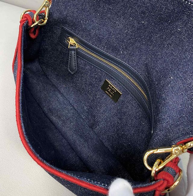 Fendi original denim medium baguette bag 8BR600 dark blue&red