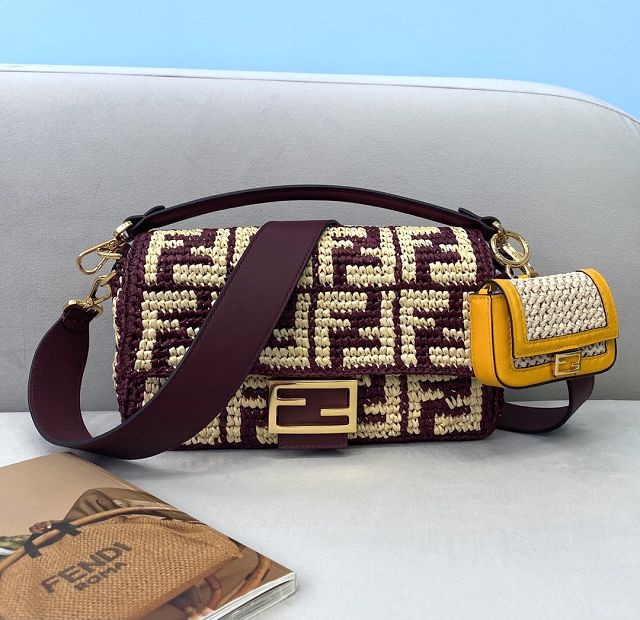 Fendi original raffia medium baguette bag 8BR600 bordeaux