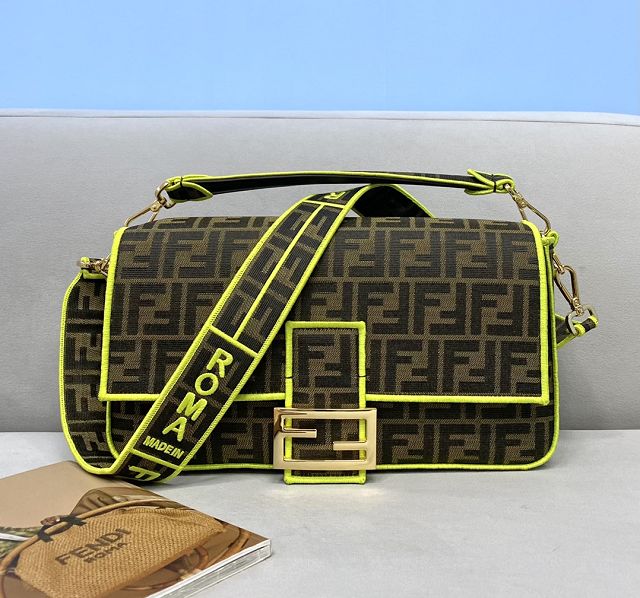 Fendi original canvas large baguette bag 8BR795 brown&lemon yellow