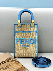 Fendi original raffia mini sunshine shopper bag 8BS051 apricot&blue