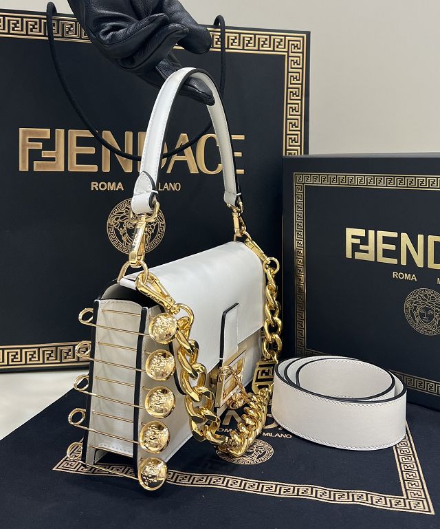 Fendi original calfskin brooch baguette bag 8BR801 white