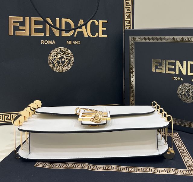 Fendi original calfskin brooch baguette bag 8BR801 white