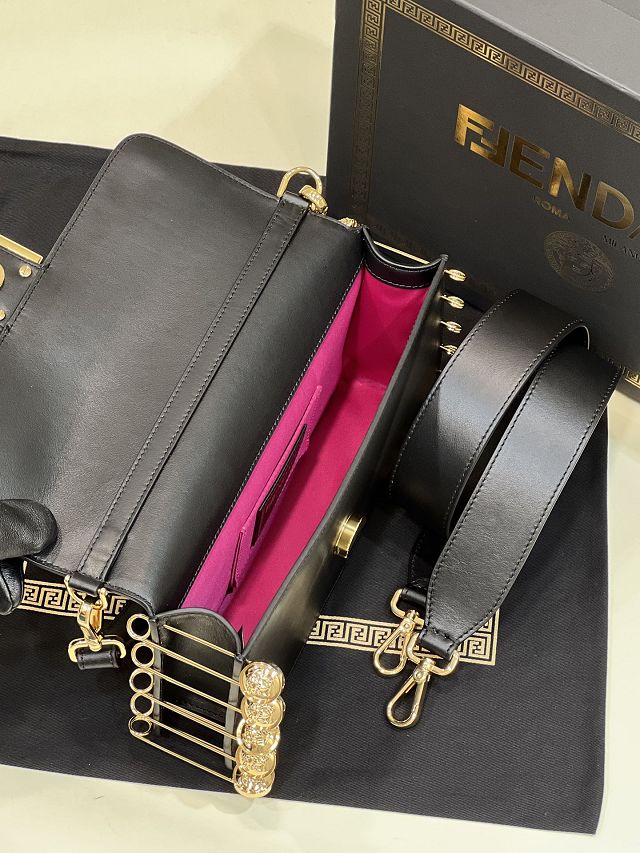 Fendi original calfskin brooch baguette bag 8BR801 black