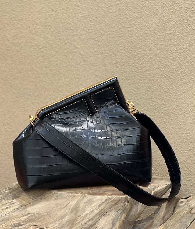 Fendi original crocodile calfskin medium first bag 8BP127 black