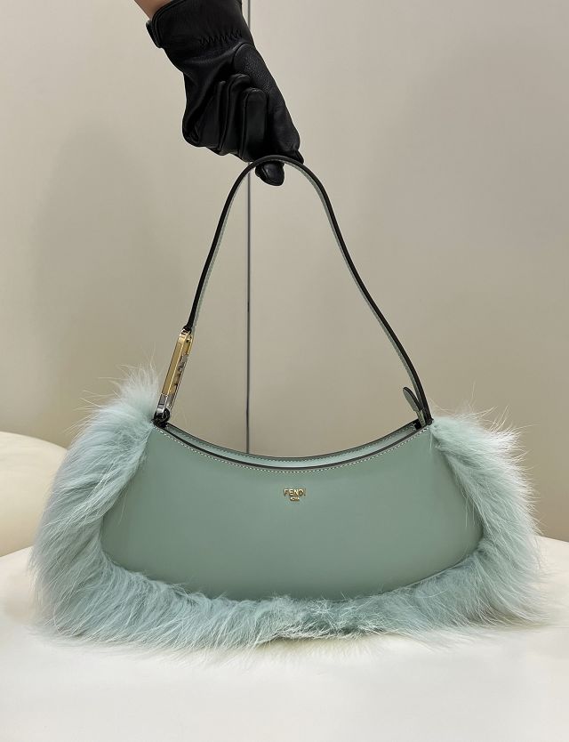 Fendi original calfskin&fox fur O-Lock swing pouch 8BS068 mint green