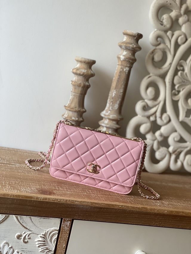 CC original lambskin wallet on chain A80982 pink