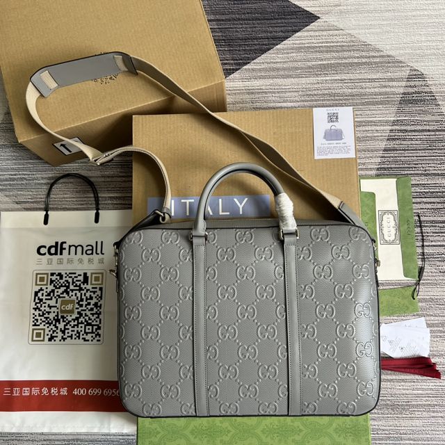 GG original embossed calfskin briefcase 658573 grey