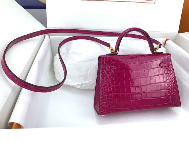 Hermes genuine crocodile leather mini kelly bag K0019 rose sheherzade