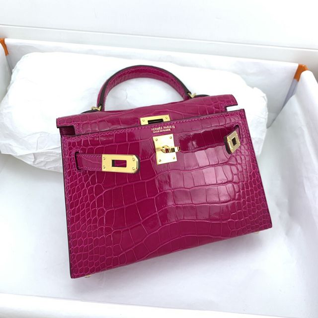 Hermes genuine crocodile leather mini kelly bag K0019 rose sheherzade