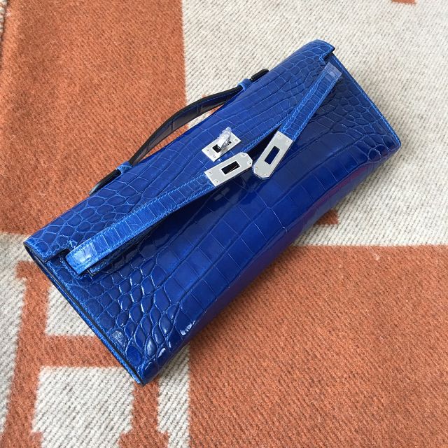 Hermes genuine crocodile leather kelly cut 31 clutch C310 blue izmir