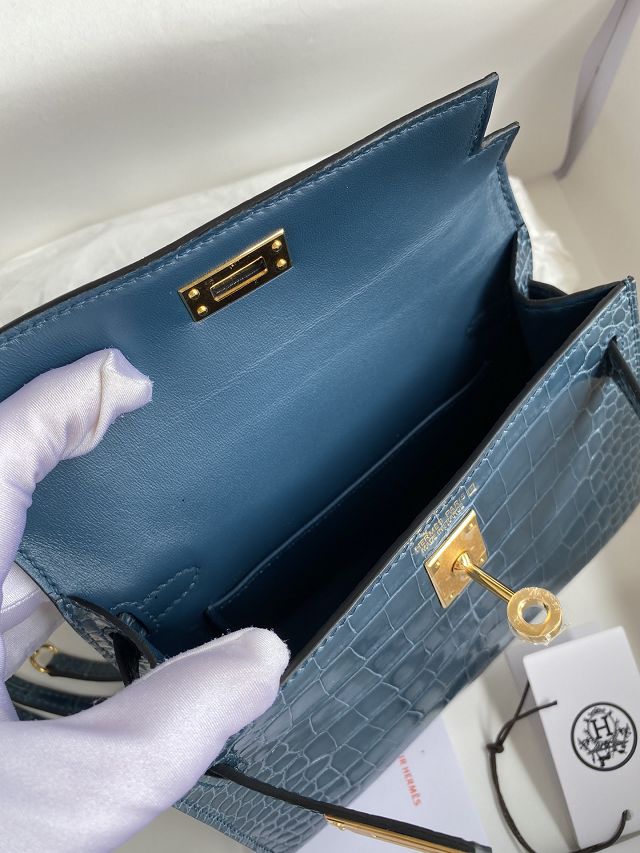 Hermes genuine crocodile leather mini kelly bag K0019 blue jean