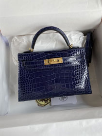 Hermes genuine crocodile leather mini kelly bag K0019 blue saphir