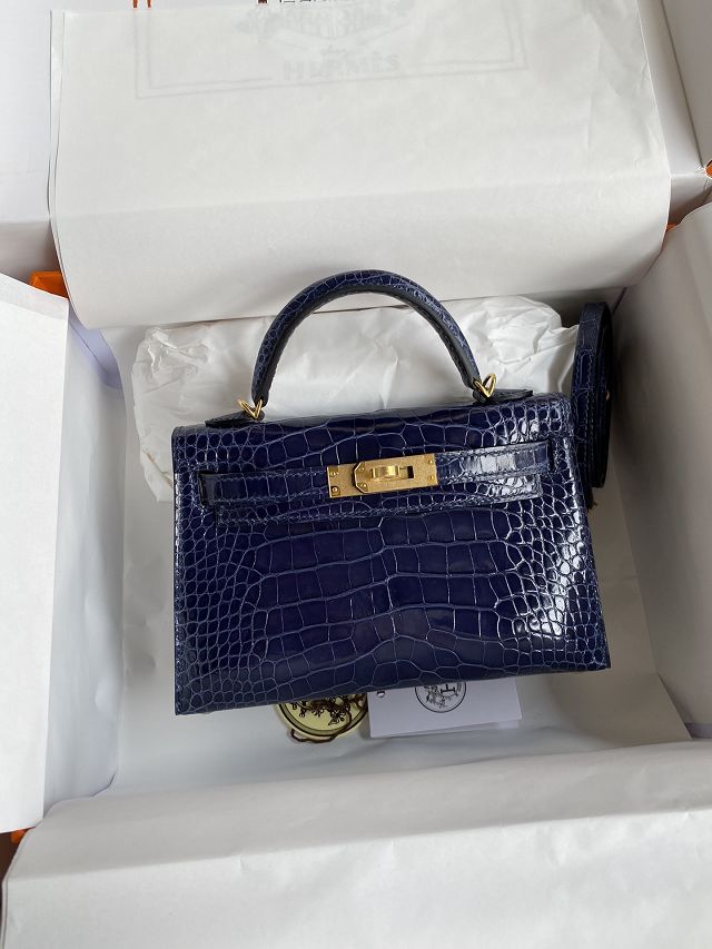 Hermes genuine crocodile leather mini kelly bag K0019 blue saphir