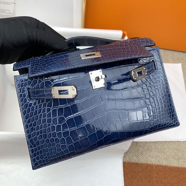 Hermes genuine crocodile leather mini kelly clutch K220 blue tempete