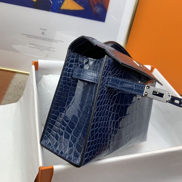 Hermes genuine crocodile leather mini kelly clutch K220 blue tempete