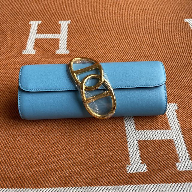 Hermes original swfit leather egee clutch E001 blue du nord 