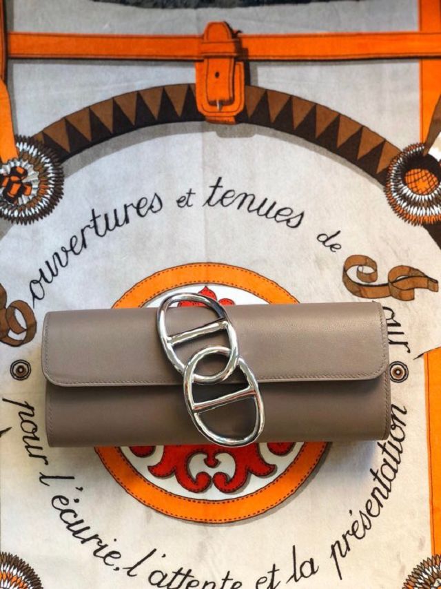 Hermes original swfit leather egee clutch E001 gris etain