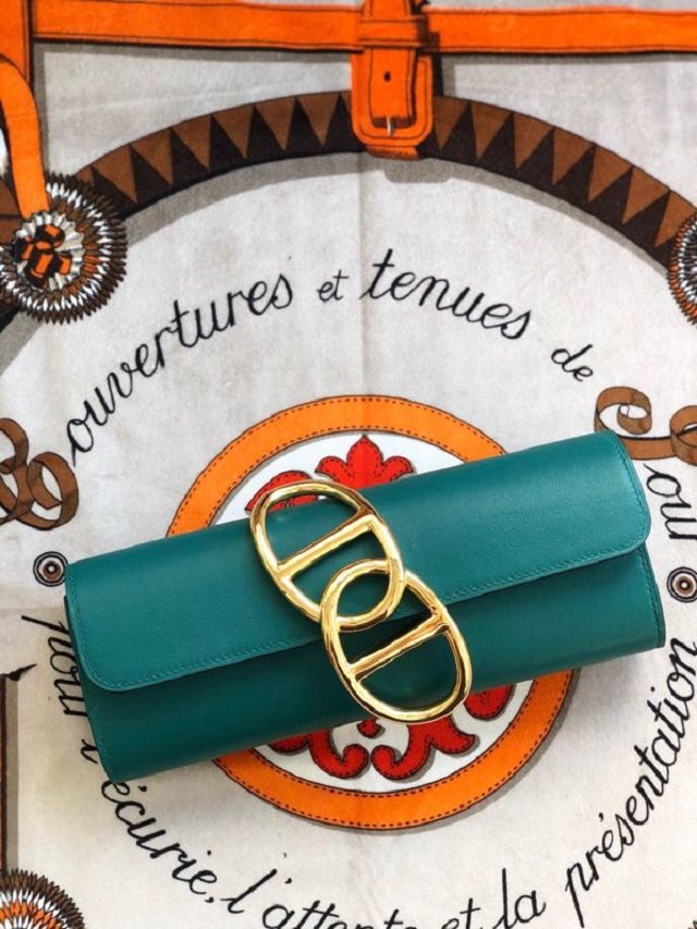 Hermes original swfit leather egee clutch E001 peacock green