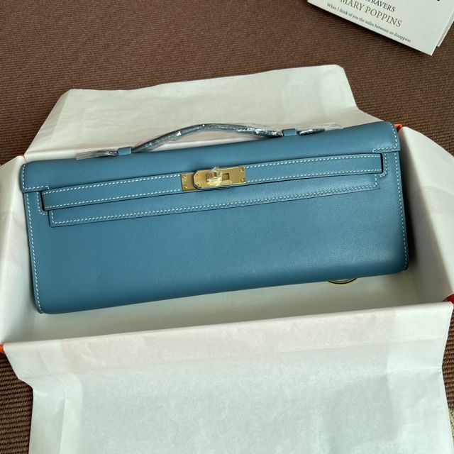 hermes original swfit leather kelly cut 31 clutch H032 blue jean