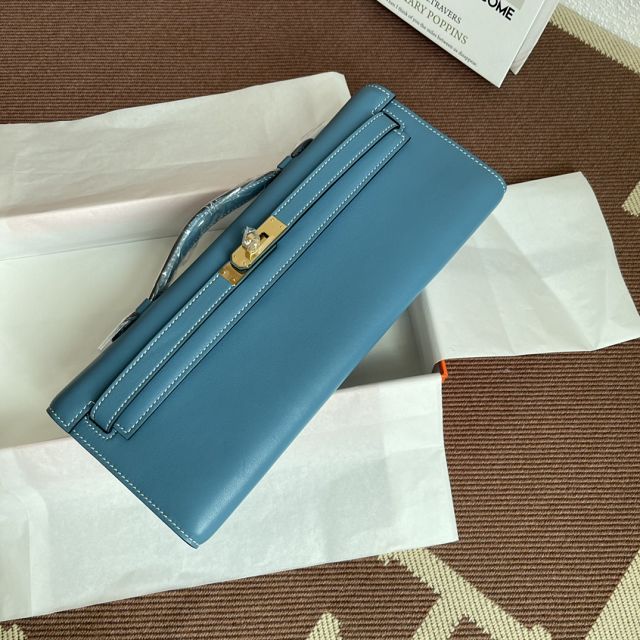 hermes original swfit leather kelly cut 31 clutch H032 blue jean