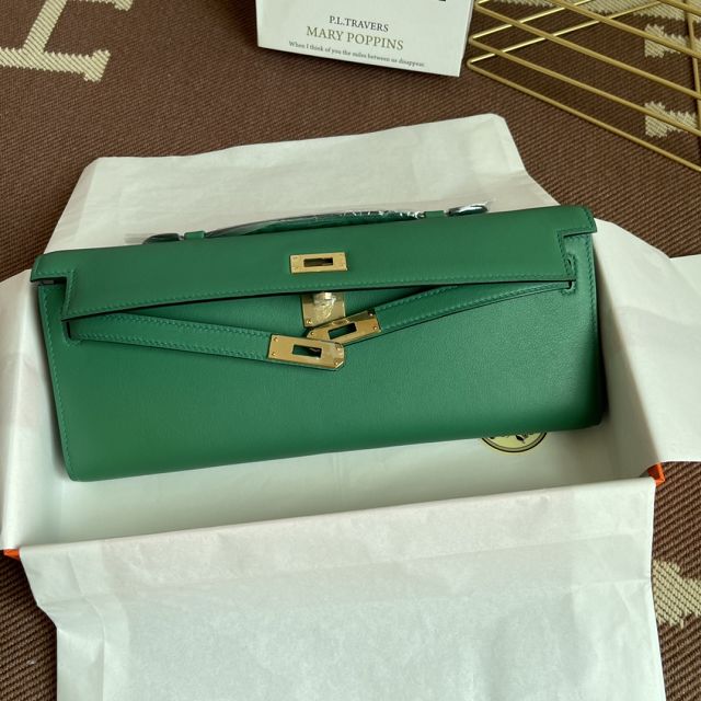 hermes original swfit leather kelly cut 31 clutch H032 vert verigo