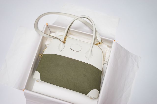 Hermes handmade original canvas medium bolide 31 bag B031 white&green