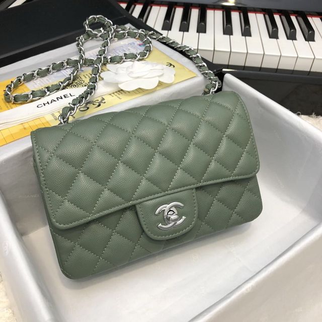 CC original grained calfskin mini flap bag A69900 khaki green