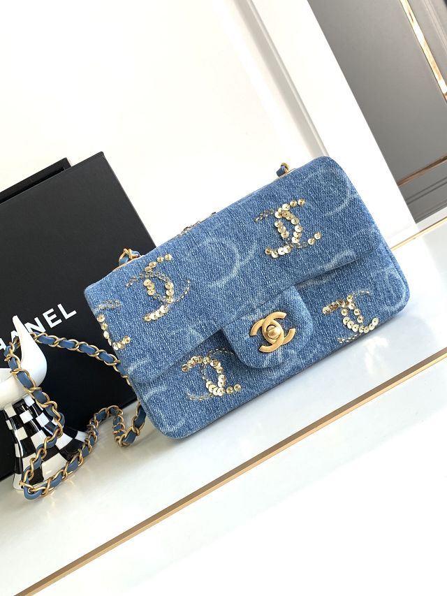 CC original denim mini flap bag A69900 blue