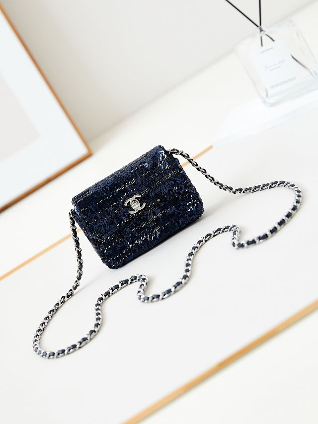 CC original sequins mini flap bag AS3268 navy blue