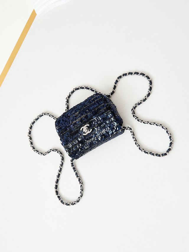 CC original sequins mini flap bag AS3268 navy blue