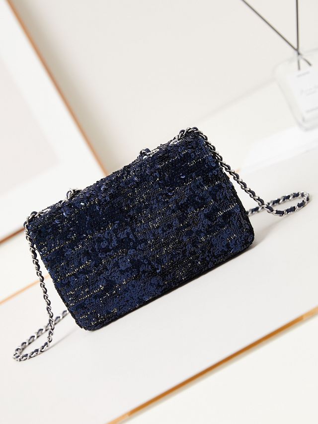 CC original sequins mini flap bag AS3269 navy blue