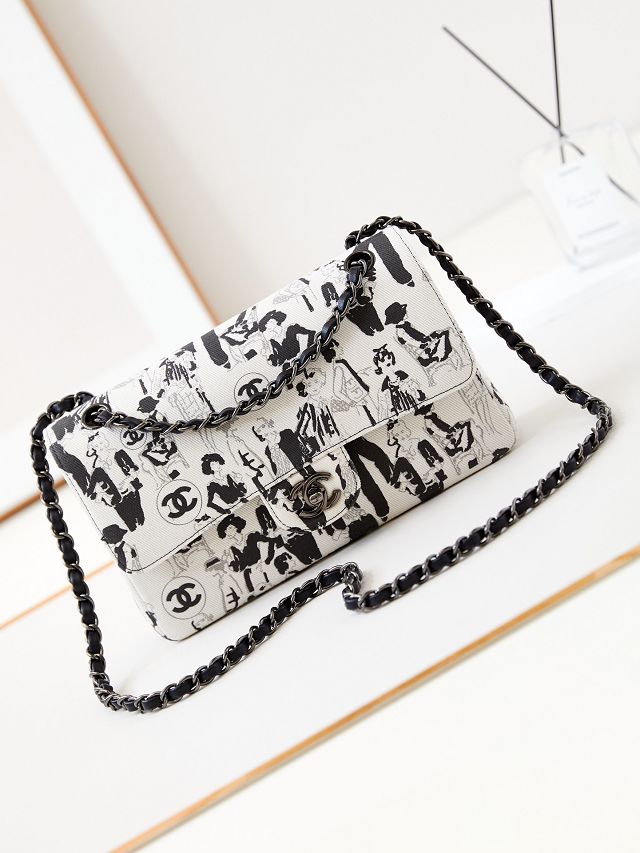 CC original fabric medium flap bag A01112 white&black