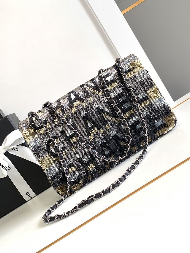 CC original sequins medium flap bag A01112 black&gold