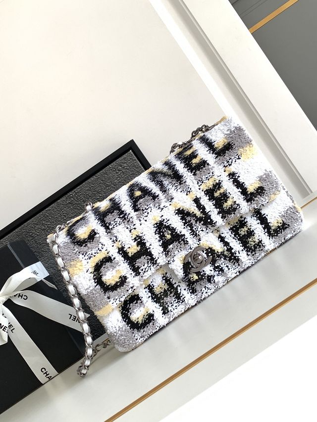 CC original sequins medium flap bag A01112 white&black