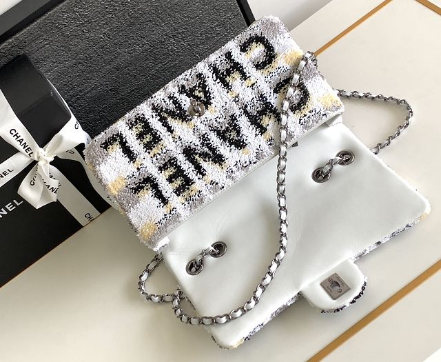 CC original sequins medium flap bag A01112 white&black