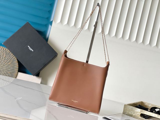 YSL original box calfskin hobo chain bag 804483 brown