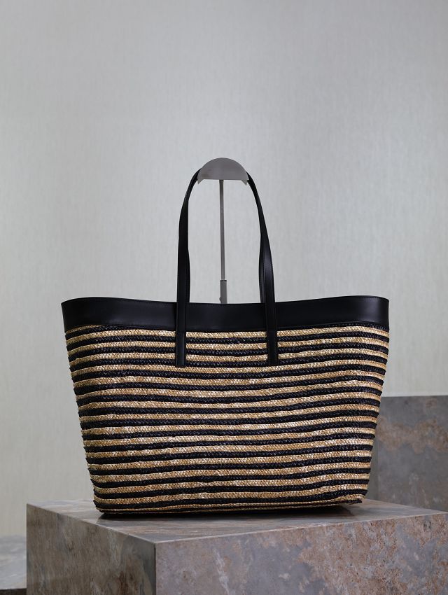 YSL original raffia shopping tote bag 394195 black&beige