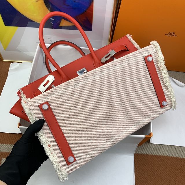 Hermes handmade original calfskin&canvas birkin bag BK00039 red