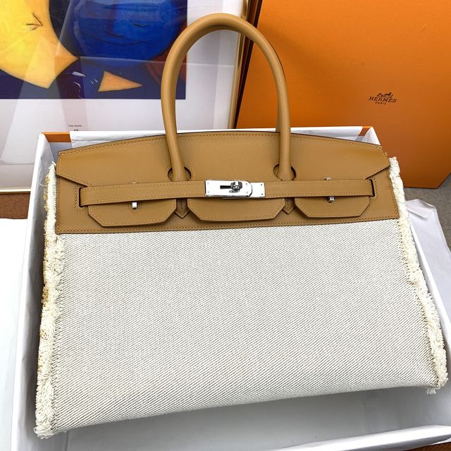 Hermes handmade original calfskin&canvas birkin bag BK00039 sesame