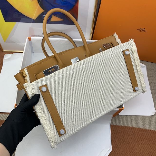 Hermes handmade original calfskin&canvas birkin bag BK00039 sesame