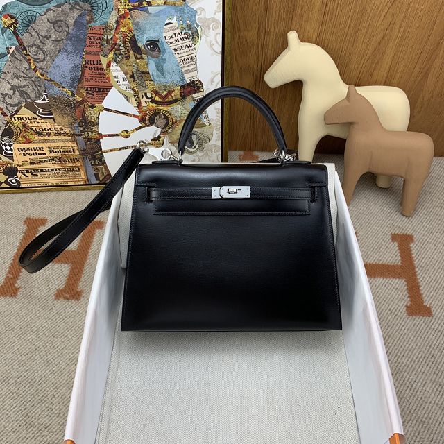 Hermes original box leather kelly 32 bag K32 black