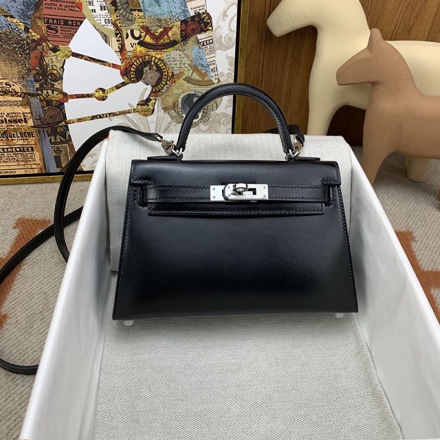 Hermes original box leather mini kelly 19 bag K0019 black