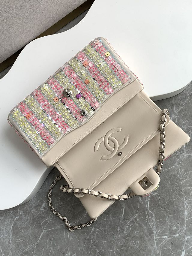 CC original sequins medium flap bag A01112 white&pink