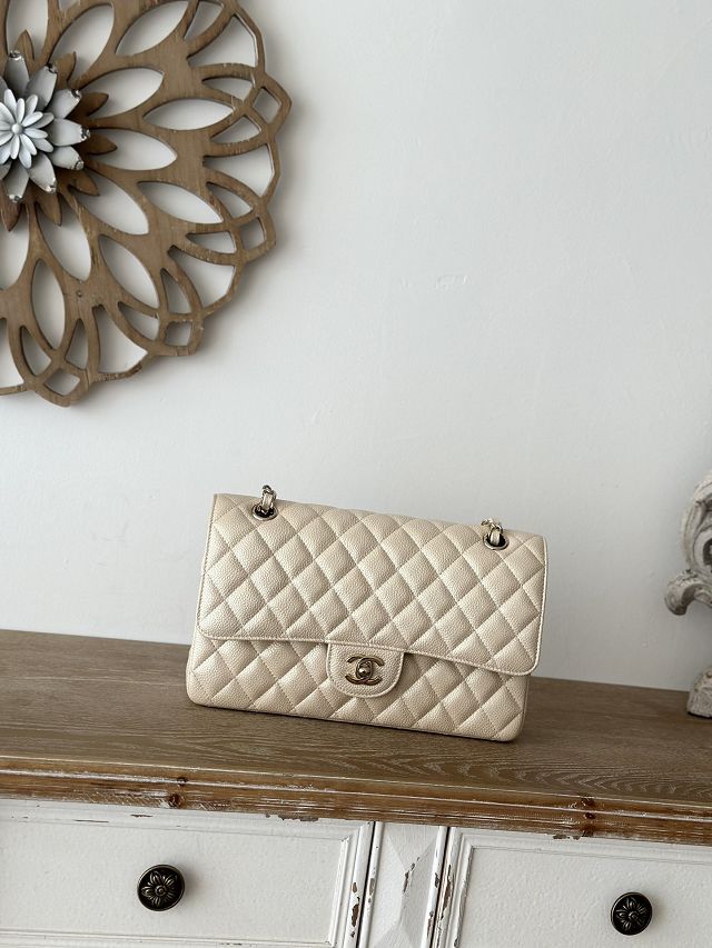 CC original iridescent grained calfskin medium flap bag A01112 beige