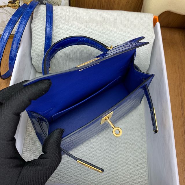 Hermes handmade genuine crocodile leather mini kelly bag K0019 blue zellige