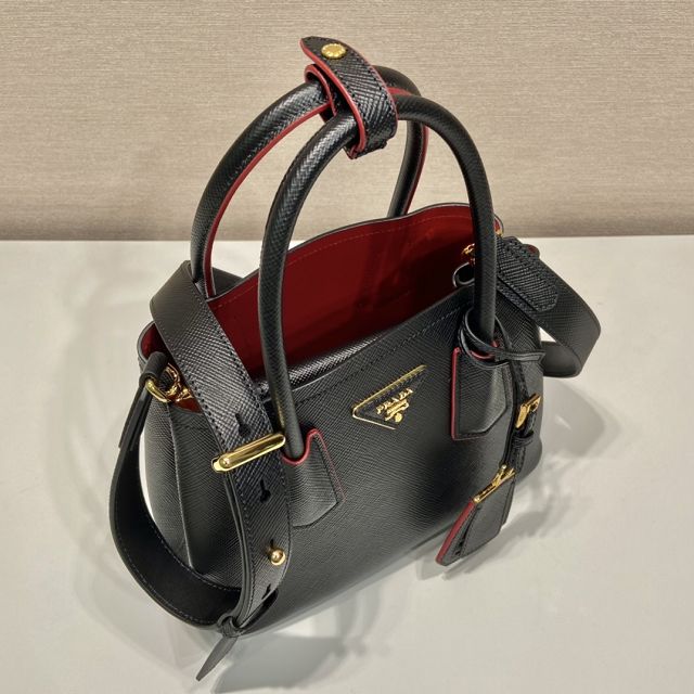 Prada original saffiano calfskin double small bag 1BG443 black&red